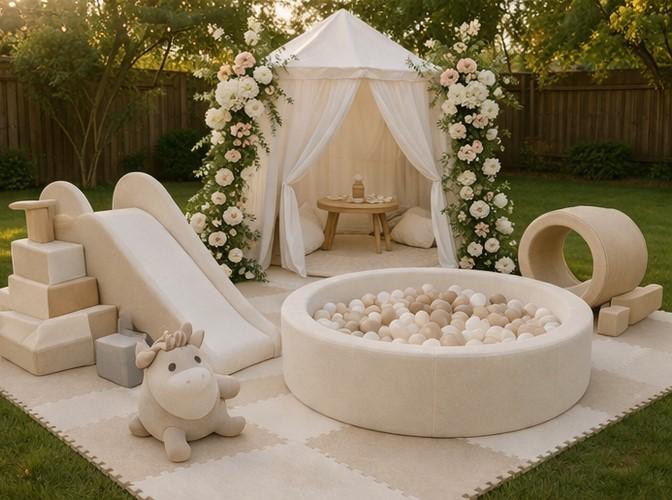 Beautiful soft play rental with ball pit and play elements for a birthday or baby shower